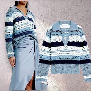 Jonathan Simkai Roxana Mixed Texture Macrame Blues striped V-neck Sweater Top